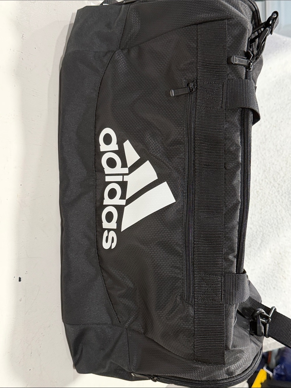 adidas Black Duffel with White Logo - Sport Travel Tote, gym bag.